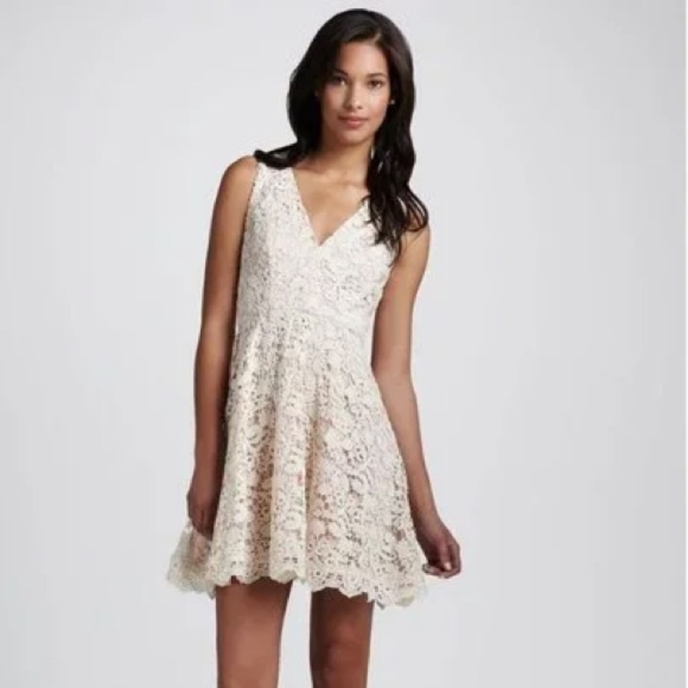 Soprano Womens Crochet Fit & Flare Lace Dress D20607 Backless‎ V Neck Ivory